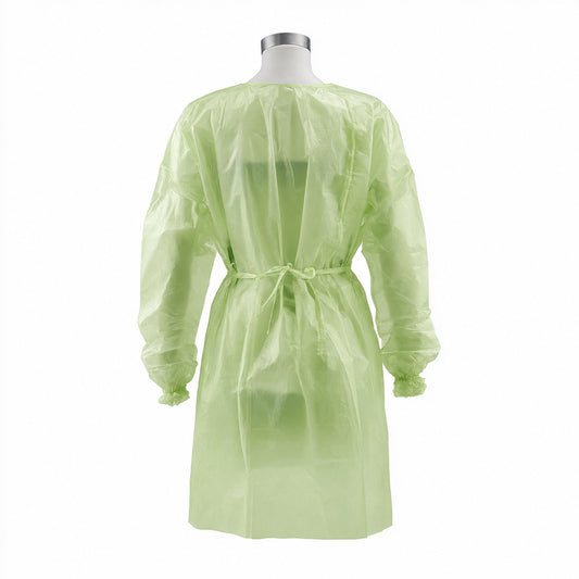 Back view of green PLA/PBAT isolation gown on mannequin