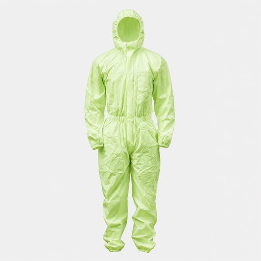 Green hooded PLA/PBAT disposable coverall front view on white