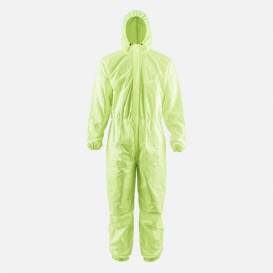 Green disposable protective coverall full front product view