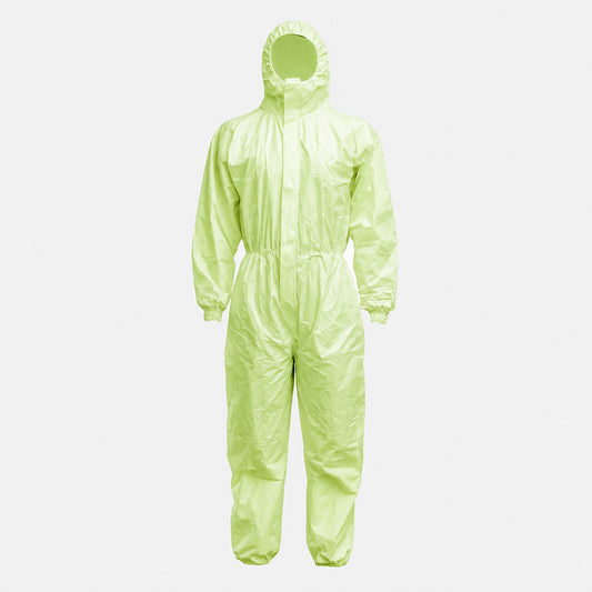 PLA/PBAT hooded protective coverall front view on white