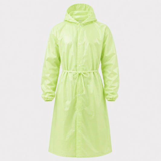 Rear view of green coverall with hood and elastic waist