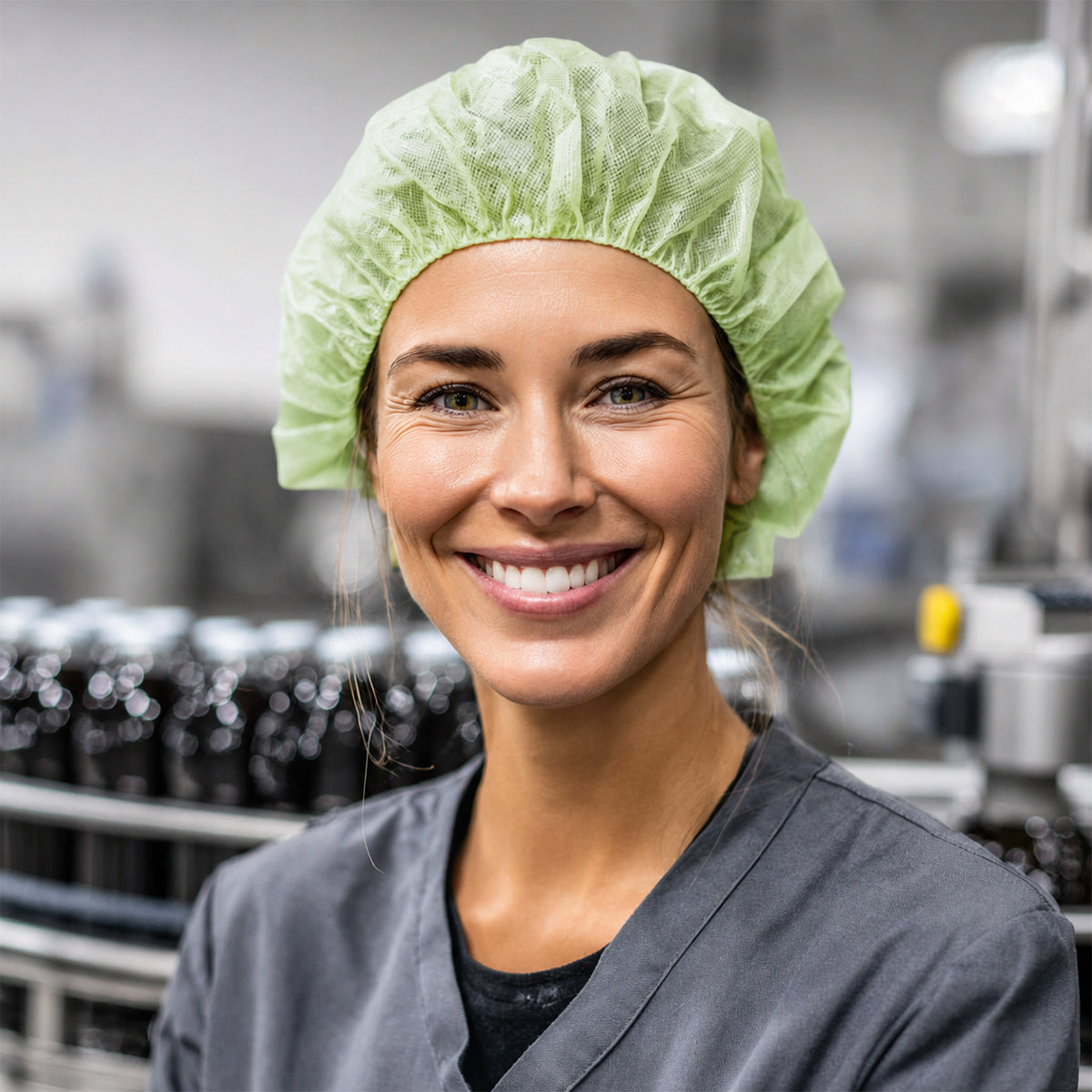Food-processing worker wearing a disposable PLA/PBAT bouffant cap
