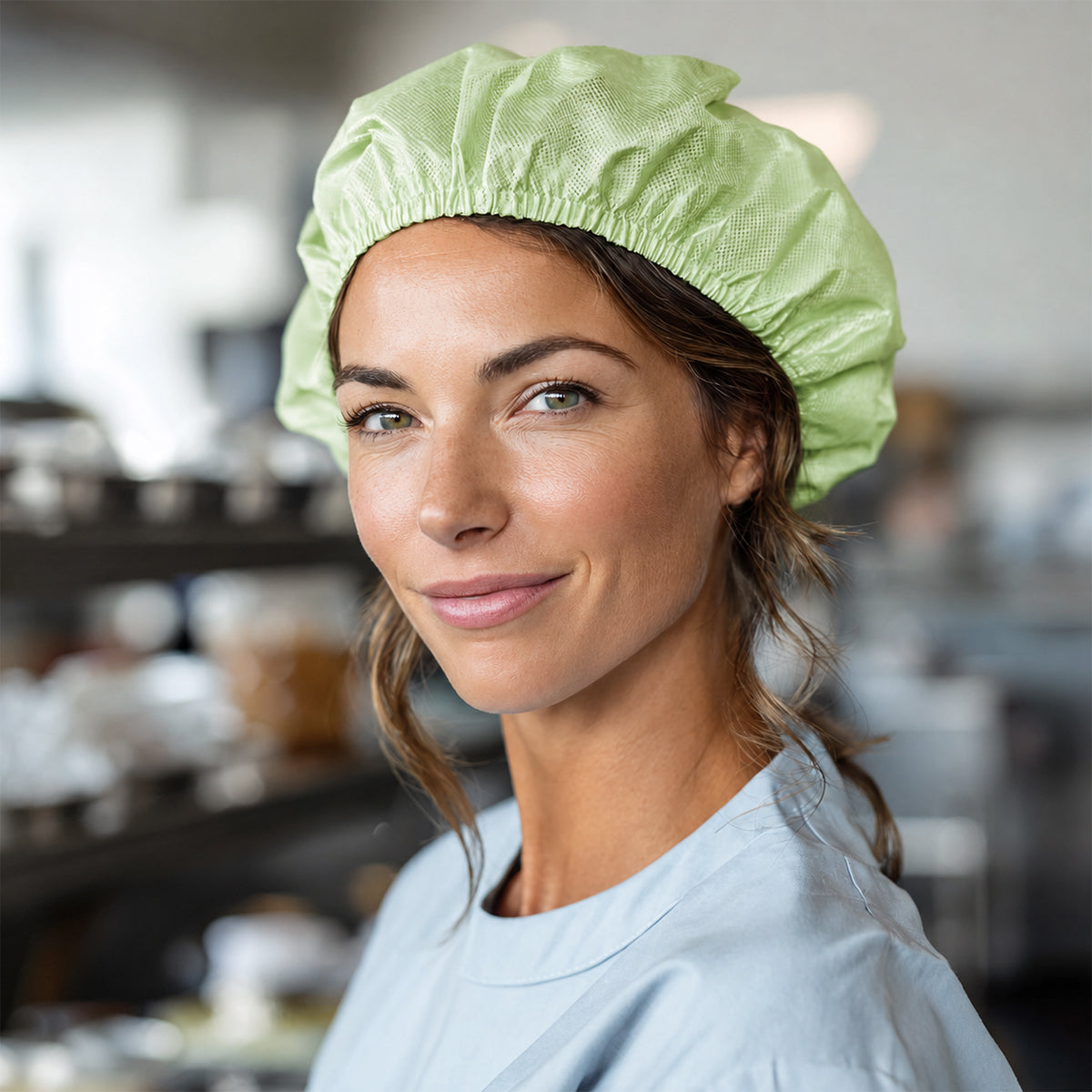 Food-processing hygiene application with a PLA/PBAT bouffant hair cap