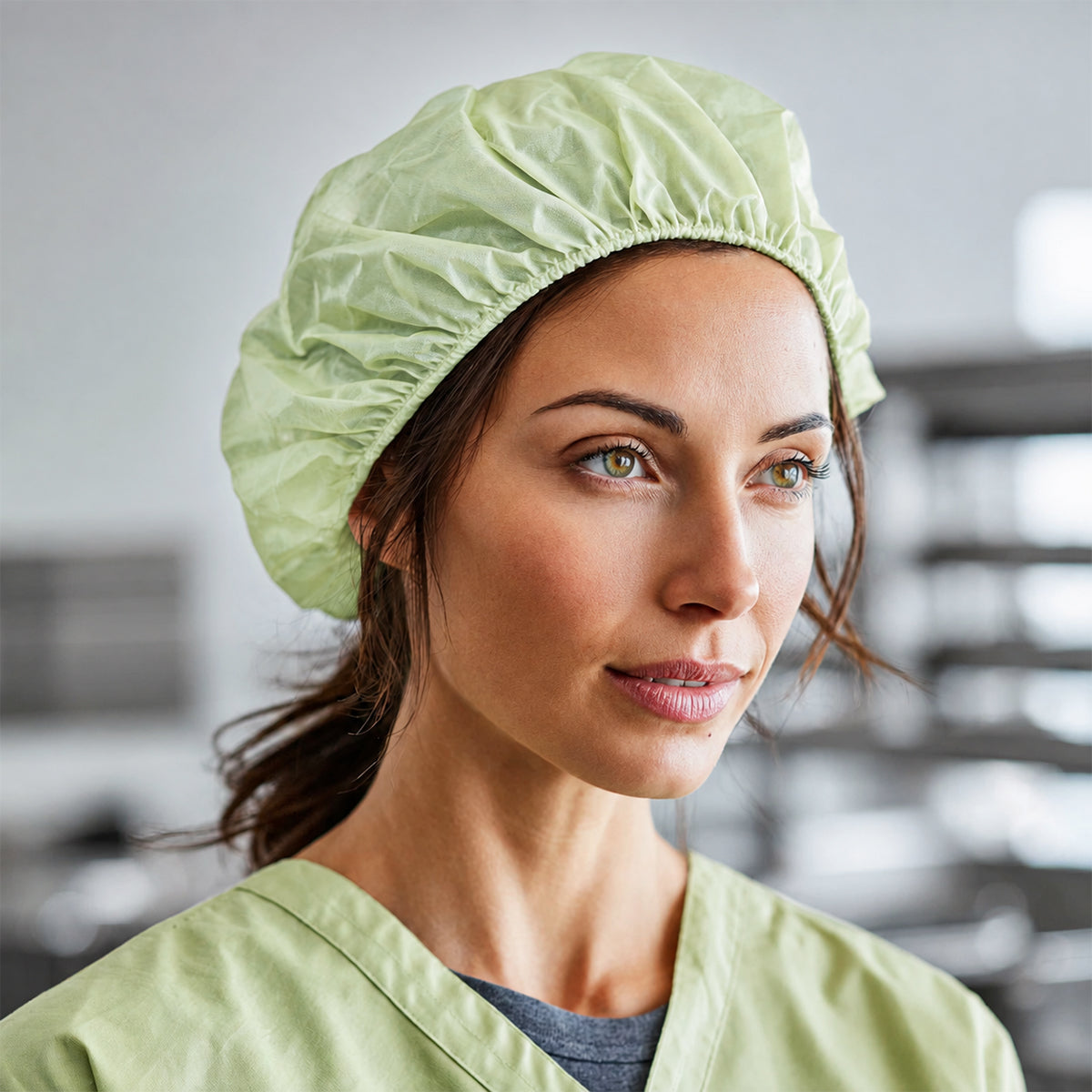 Controlled manufacturing worker wearing a PLA/PBAT disposable hair cover