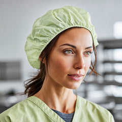 Controlled manufacturing worker wearing a PLA/PBAT disposable hair cover