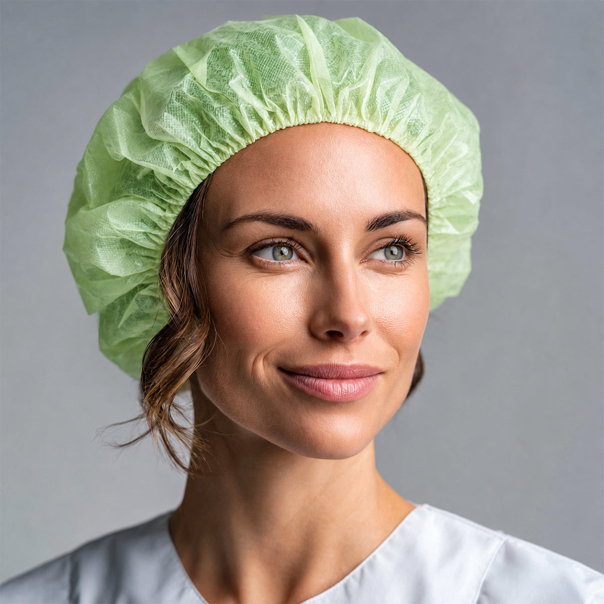 Facility hygiene worker wearing a PLA/PBAT bouffant hair cap