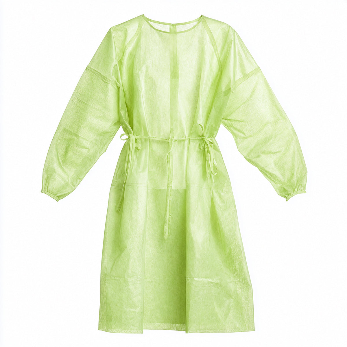 Green PLA/PBAT disposable isolation gown front view on white background