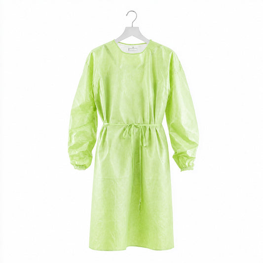 Green isolation gown hanging front view on white background