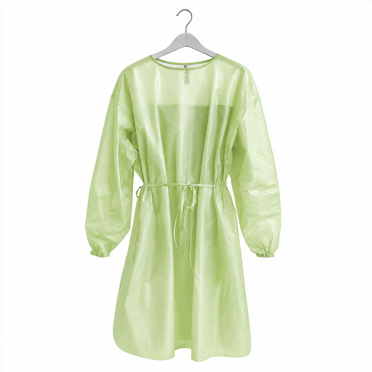 Light green disposable gown with ties displayed on hanger