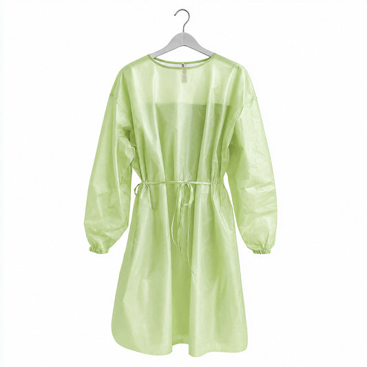 Light green disposable gown with ties displayed on hanger