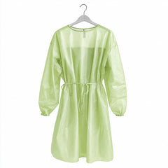 Light green disposable gown with ties displayed on hanger