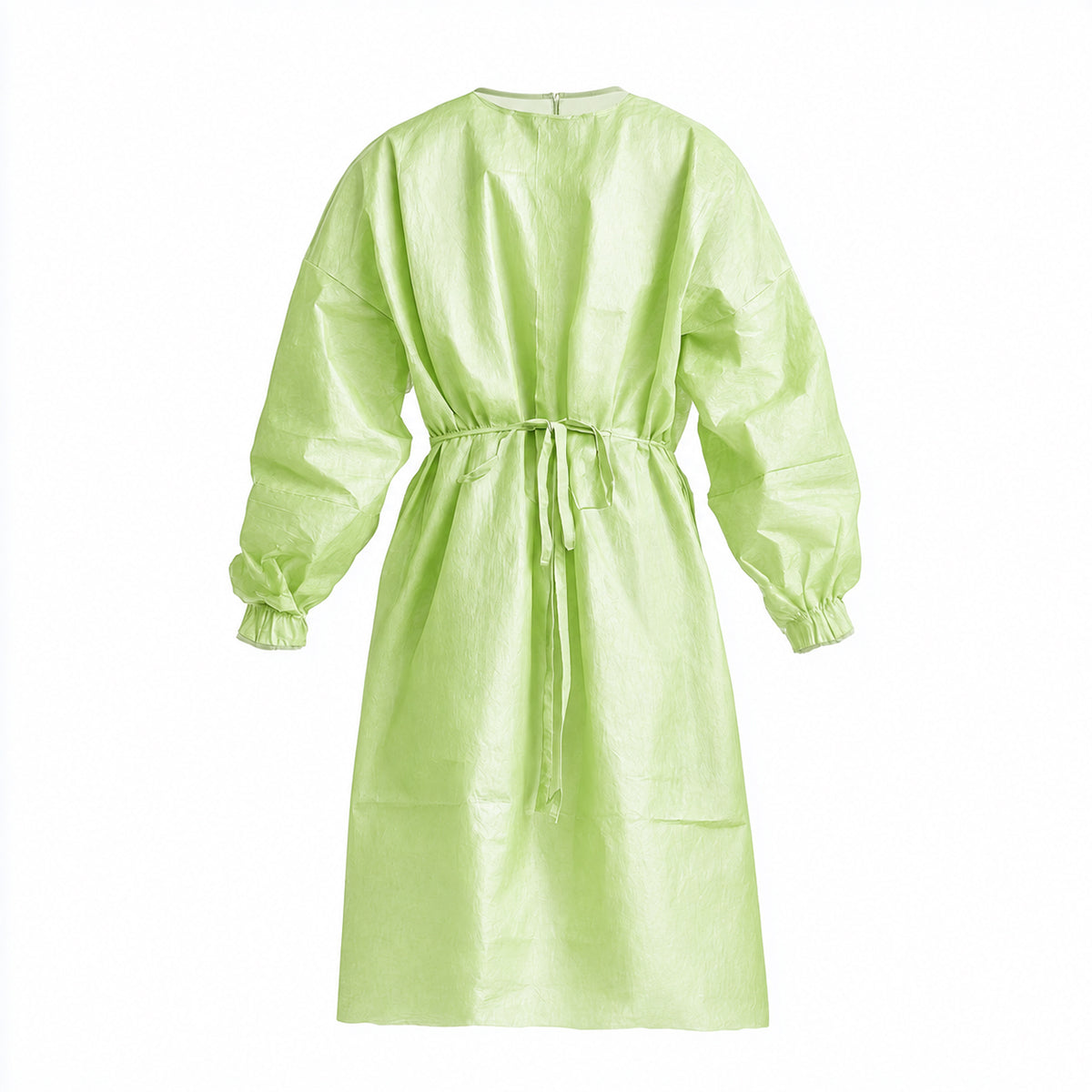 Green isolation gown with elastic cuffs front view