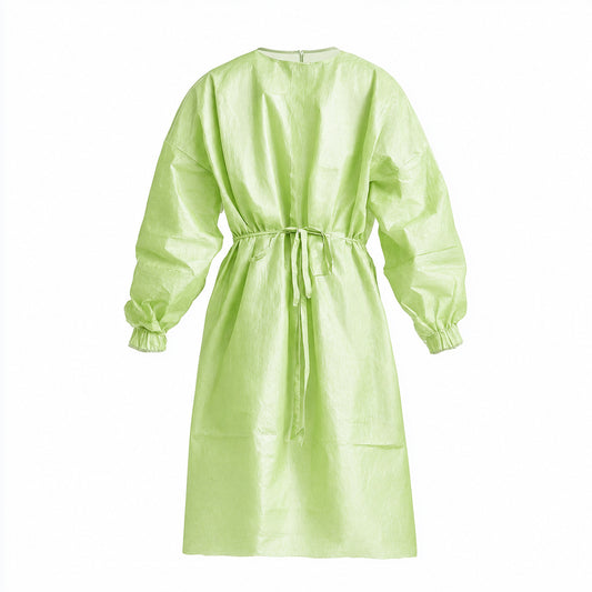Green isolation gown with elastic cuffs front view