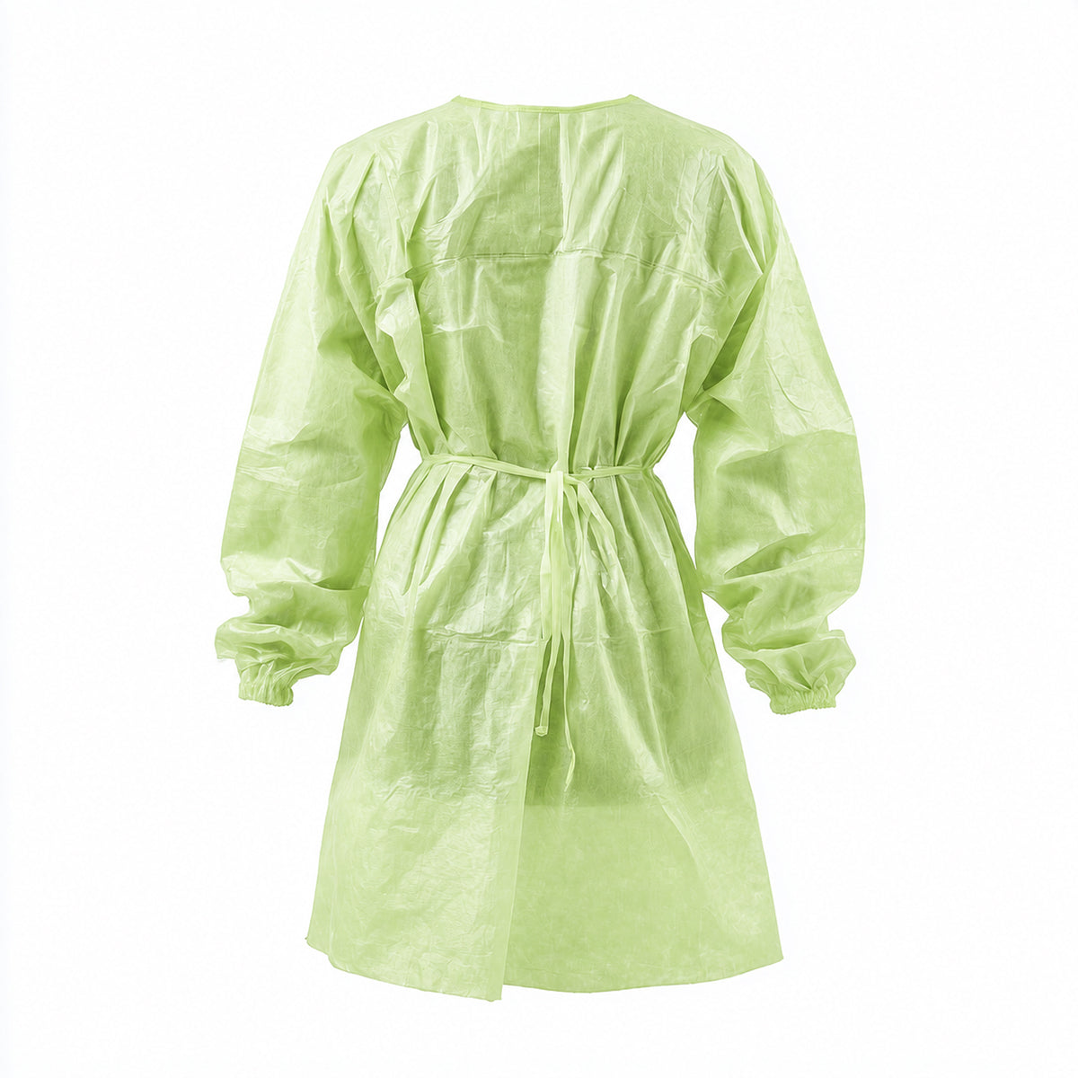 Disposable green gown tied at waist on white background