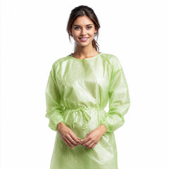Person demonstrating green isolation gown front fit