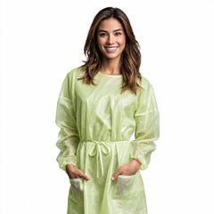 Full-length fit view of green disposable isolation gown