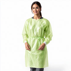 Front full-body view of green PLA/PBAT isolation gown
