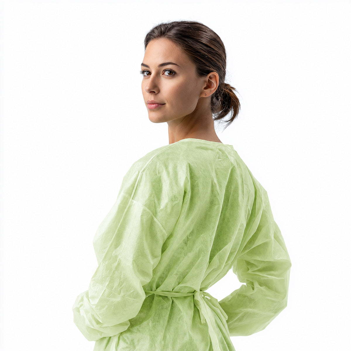 Back and side fit view of green isolation gown with neck ties
