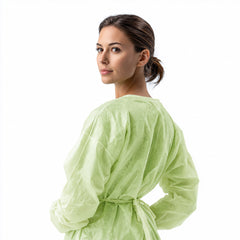 Back and side fit view of green isolation gown with neck ties