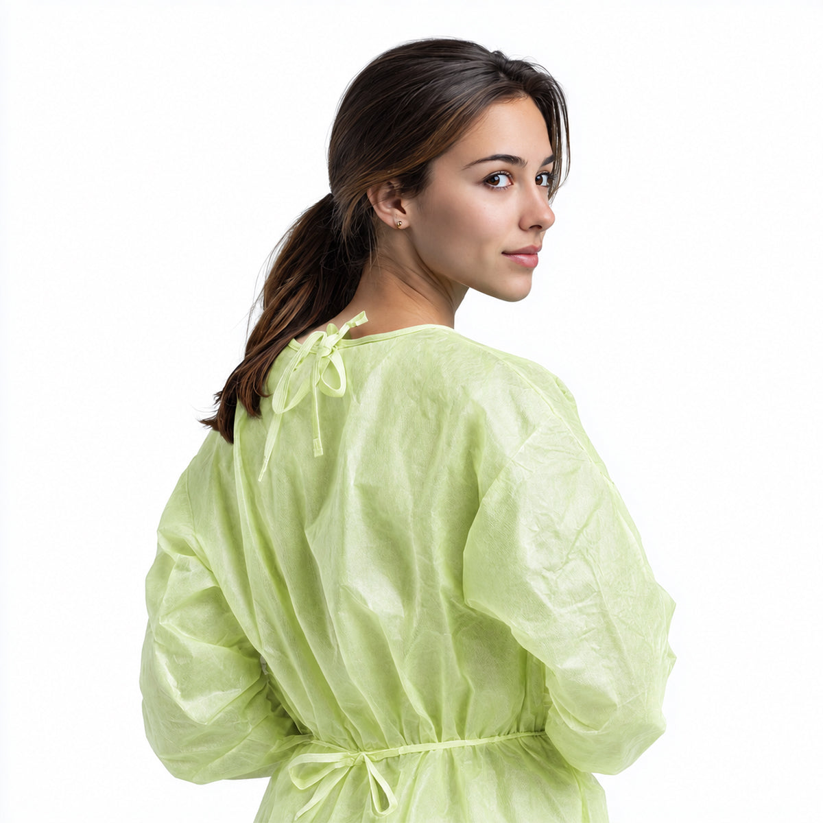 Rear fit detail of green disposable gown with waist ties