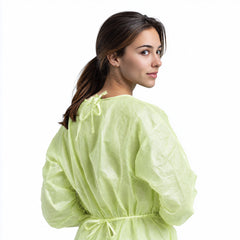 Rear fit detail of green disposable gown with waist ties