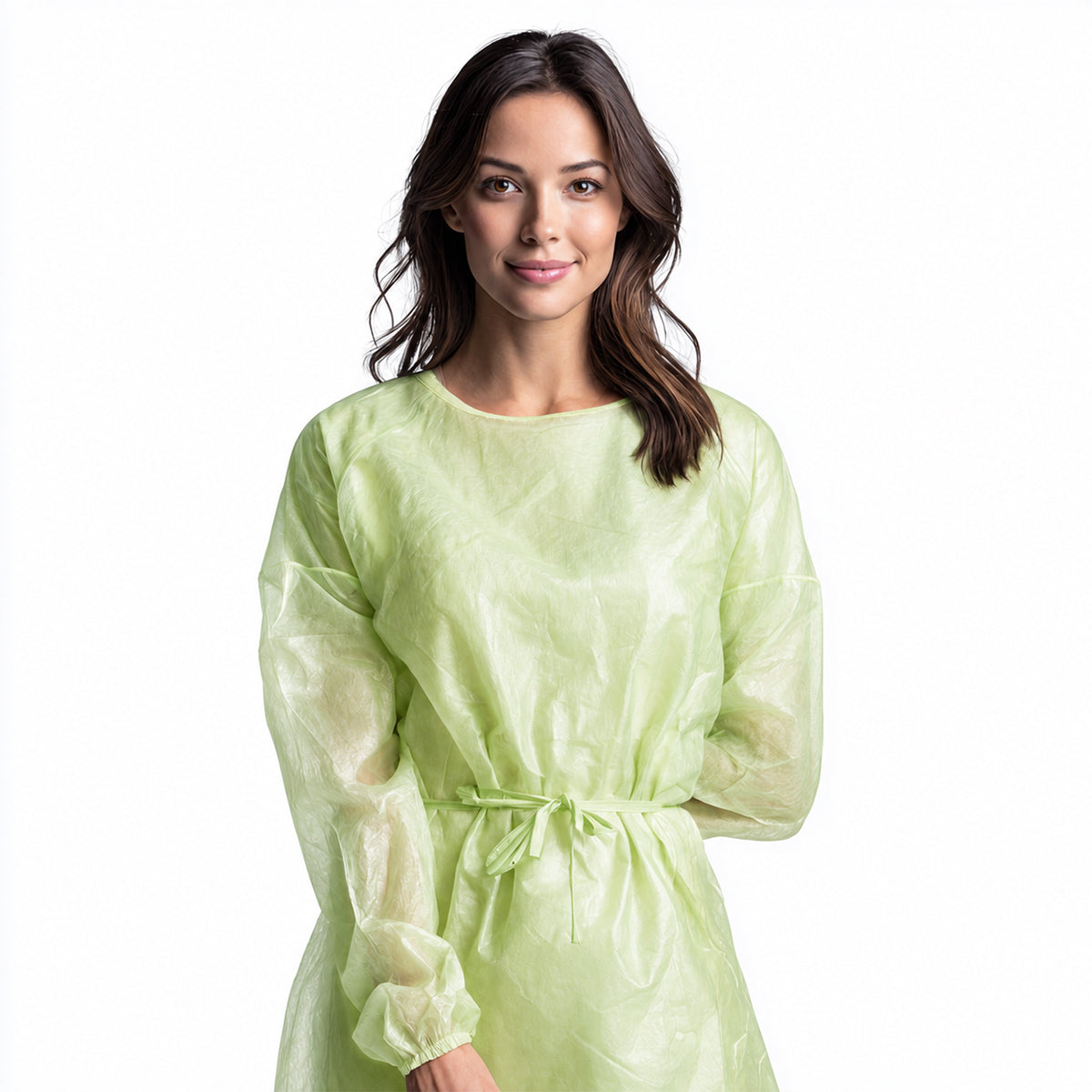 Green PLA/PBAT gown displayed on wearer against white