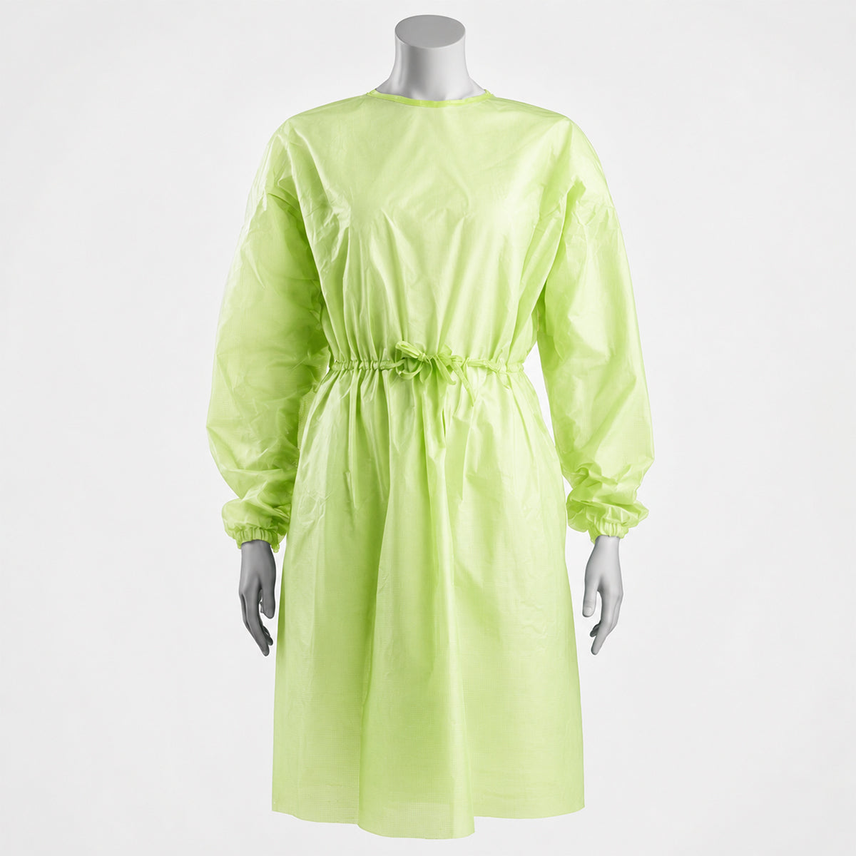 Green disposable gown front view on mannequin