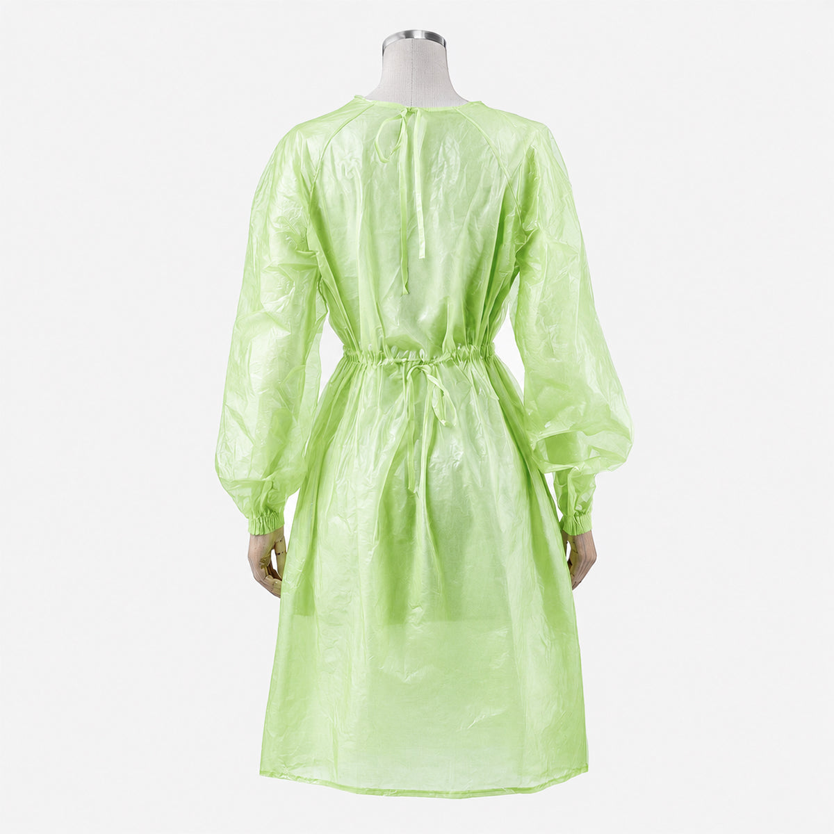 Green isolation gown rear construction view on mannequin