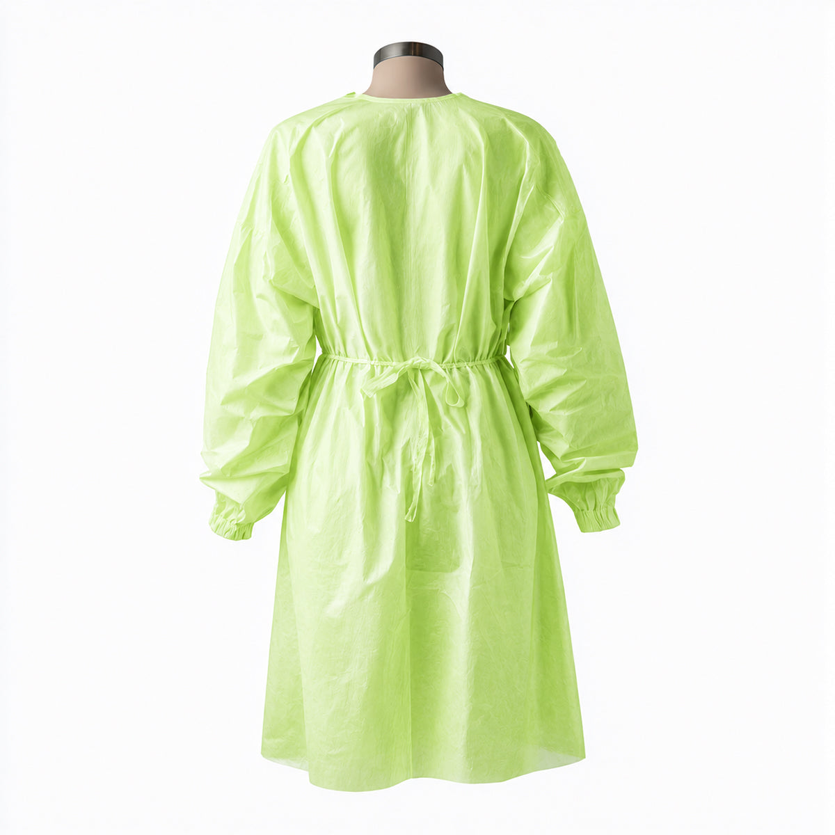 Back view of disposable green gown with waist tie