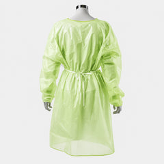 Green gown back view showing tie closure and elastic cuffs