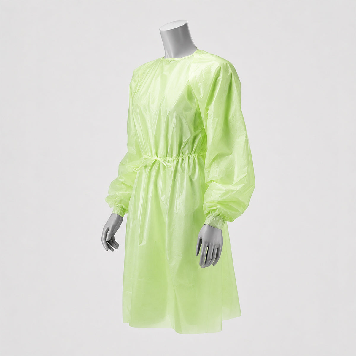 Three-quarter mannequin view of green disposable isolation gown