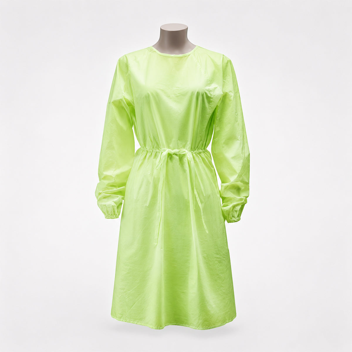 Green isolation gown full front view on dress form