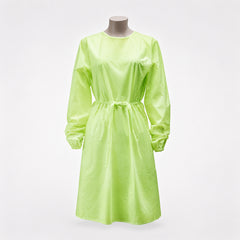 Green isolation gown full front view on dress form
