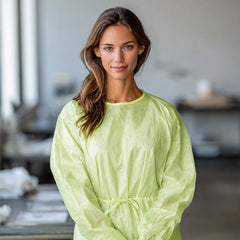Green gown product view with elastic cuffs and waist ties