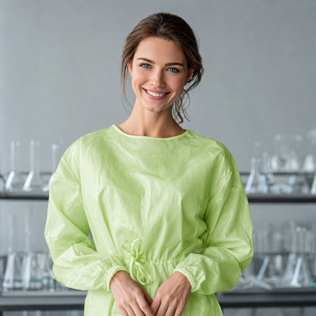 Full-length green disposable gown on mannequin