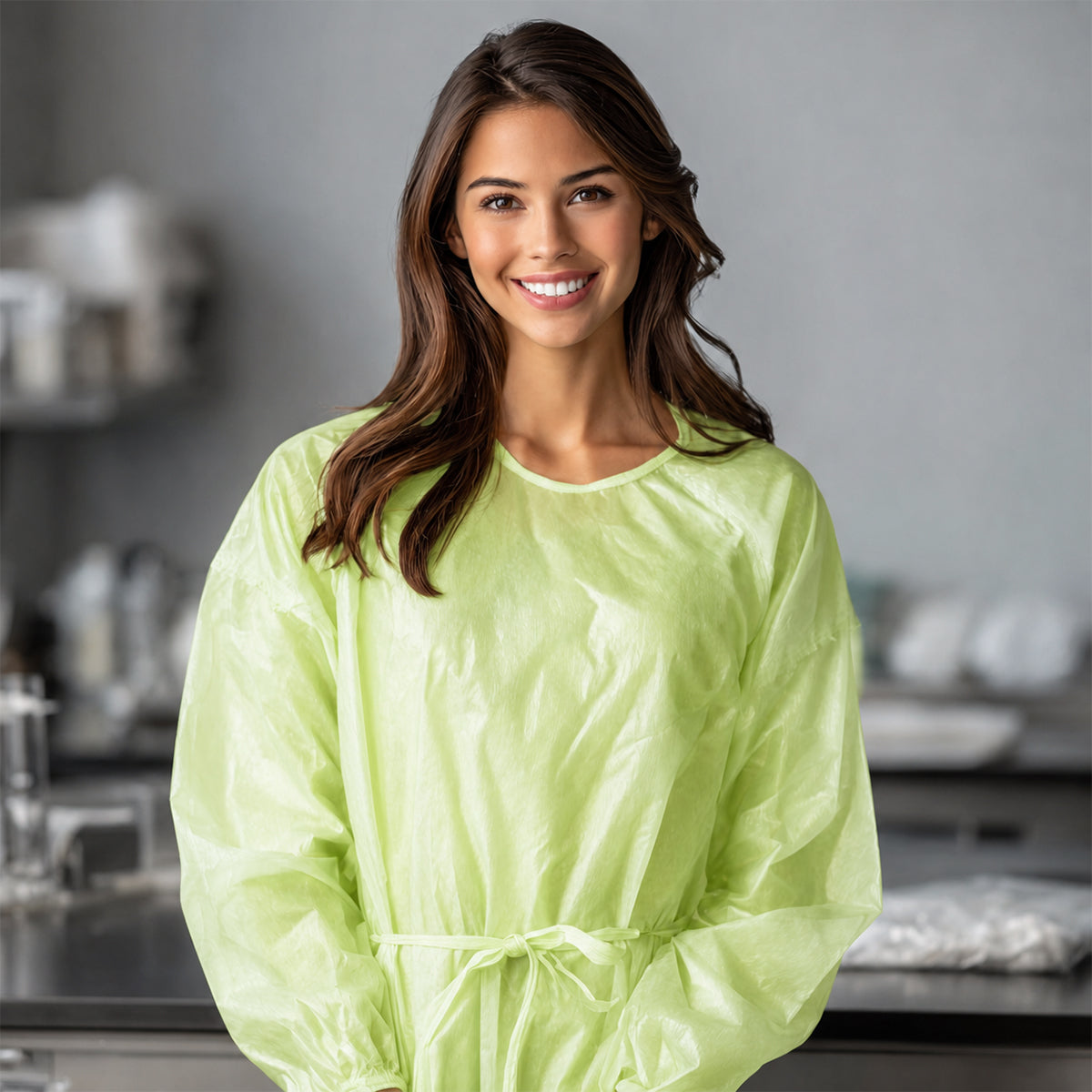 Disposable green gown worn in a controlled facility setting