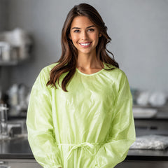 Disposable green gown worn in a controlled facility setting