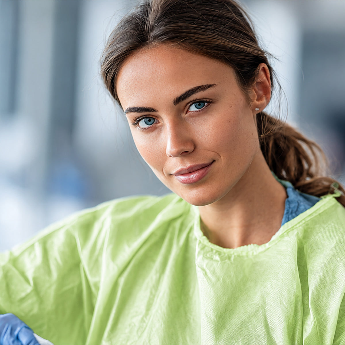 Close-up of green isolation gown neckline and material