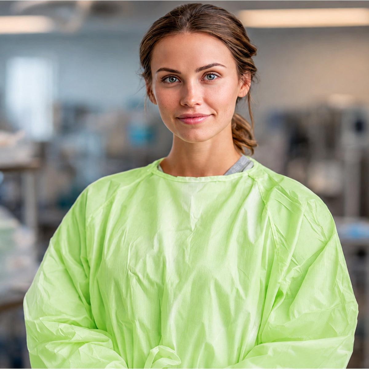 Green disposable gown worn for routine laboratory support