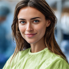 Person wearing green disposable gown in a controlled workspace