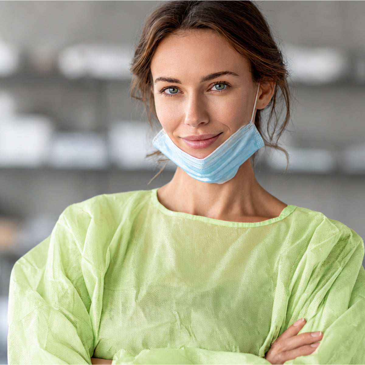 Green isolation gown worn in a routine facility support setting