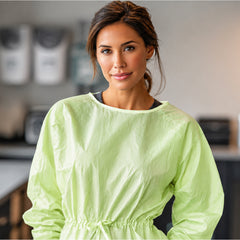 Full front fit of green isolation gown in a clean workspace