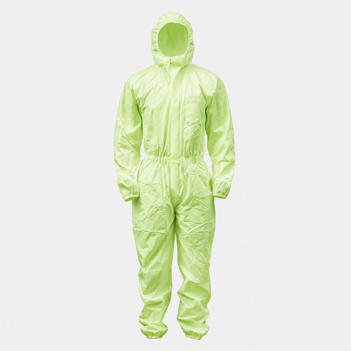 Green hooded PLA/PBAT disposable coverall front view on white