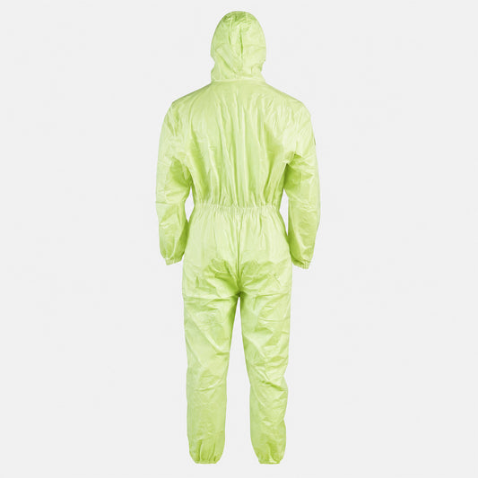 Rear view of green hooded protective coverall on white