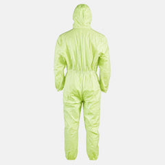Rear view of green hooded protective coverall on white