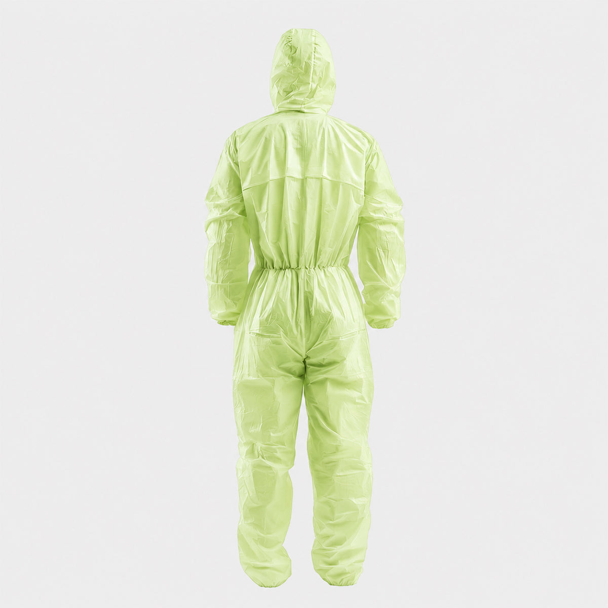 Back view of green disposable coverall with elastic waist