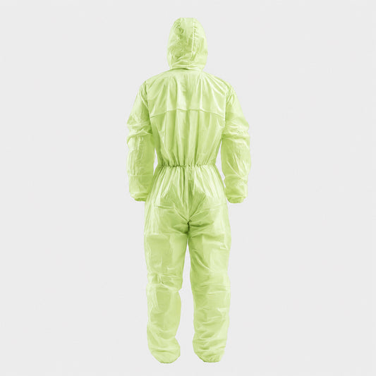 Back view of green disposable coverall with elastic waist