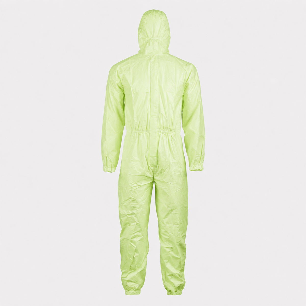 Back view of green disposable protective coverall