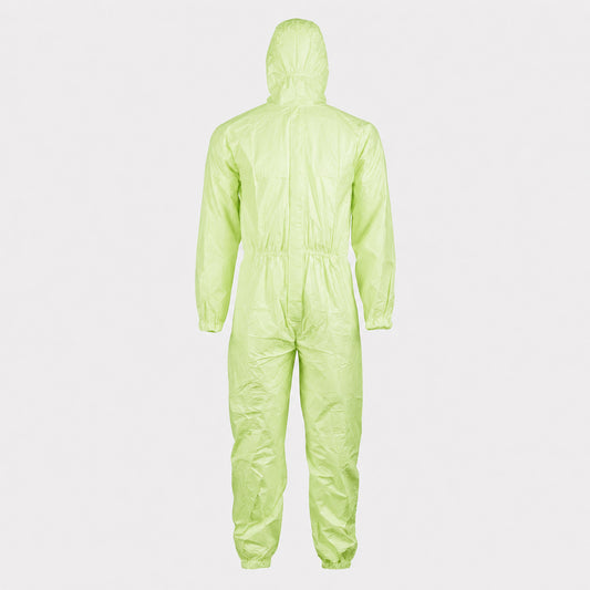 Back view of green disposable protective coverall