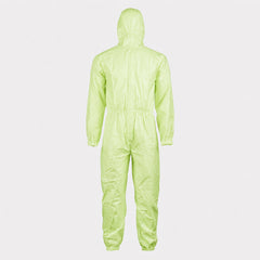 Back view of green disposable protective coverall